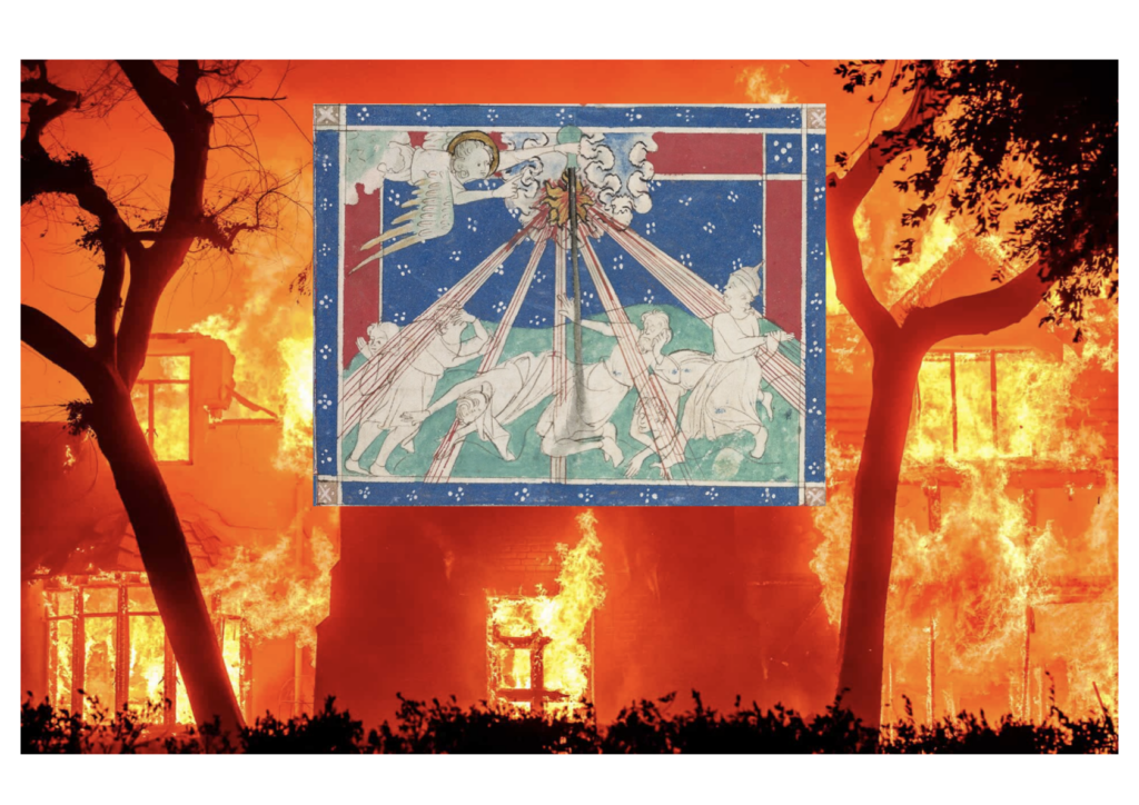 Cammeo: Queen Mary Apocalypse (British Library, Royal MS 19 B XV) (1310-1320) (Libro dell'Apocalisse di San Giovanni (capitolo 16, 8-9)/ Quarto Angelo che versa la sua coppa di fuoco sul mondo). Sfondo: Incendi di Los Angeles, 2025