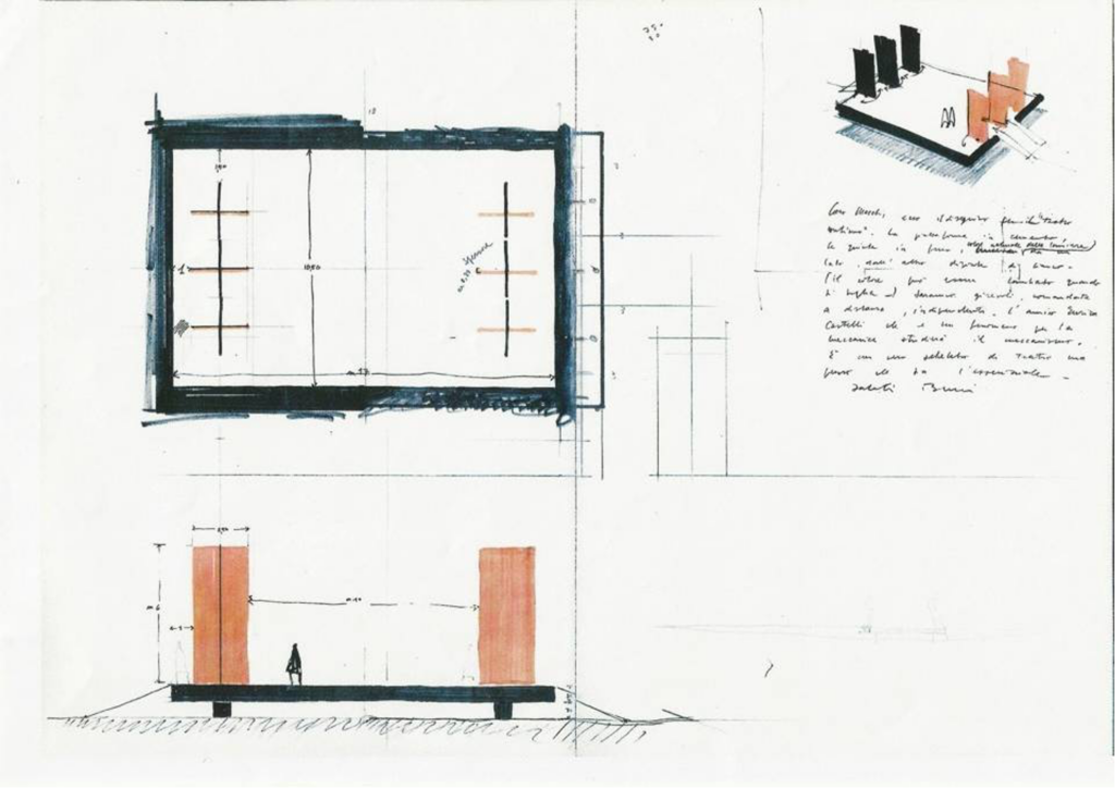 Disegno del Teatro Continuo di Alberto Burri, dal catalogo della mostra Contatto Arte Città, Milano, La nuova foglio editrice, Pollenza