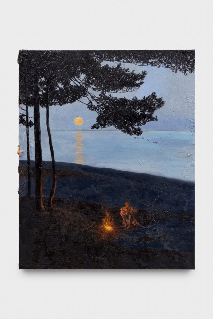 Friedrich Kunath, I Used To Be Cool (Campfire), 2026, oil on canvas, 122 x 98 x 3,8 cm. Photo Evan Walsh