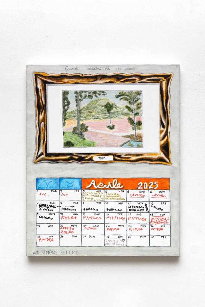 Pierluigi Scandiuzzi, Aprile 2025, dalla serie calendario:months, acrilico, pennarelli, matite e trasferelli su tela, 50x40 cm, 2025. Photo Matteo Visentin