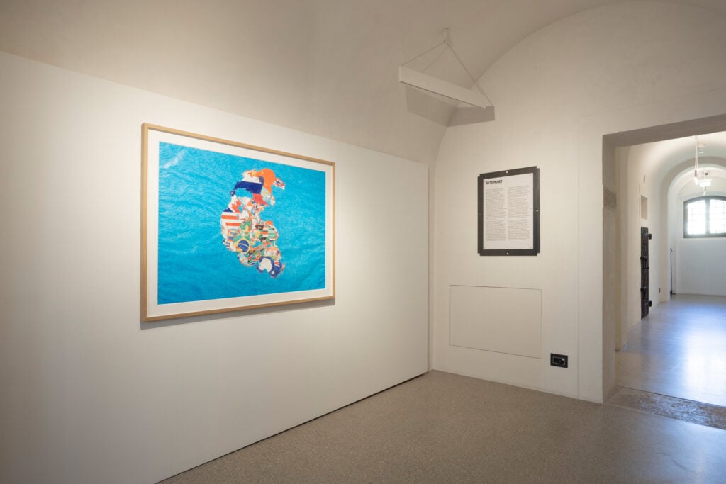 Ryts Monet, Pangea (In reference to Alighiero Boetti), 2025. Installation view, Lines Loops, Leaks, Fondazione Imago Mundi, Treviso, 2026. Photo Marco Pavan