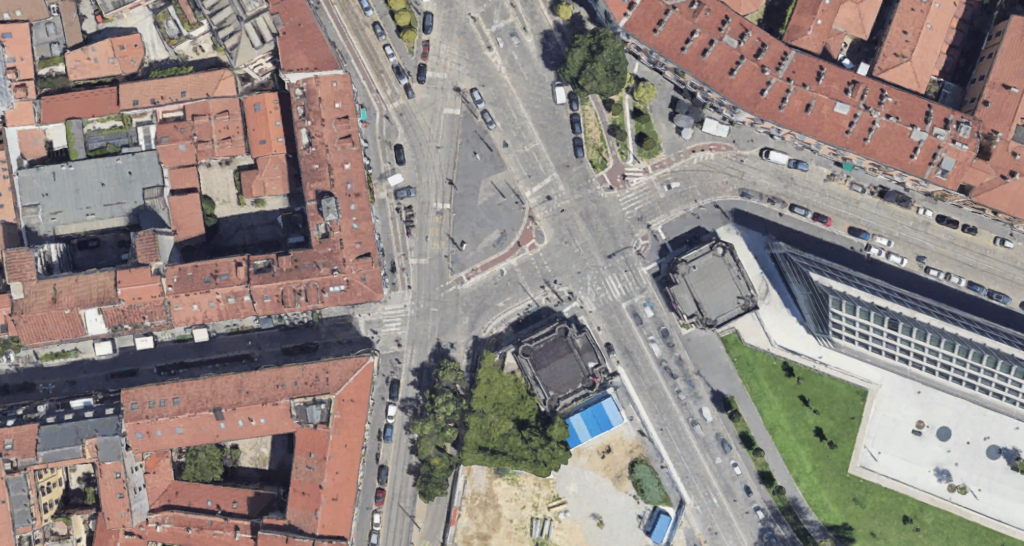Piazzale Antonio Baiamonti e l'imboccatura di Via Sarpi a Milano. Foto Google Earth