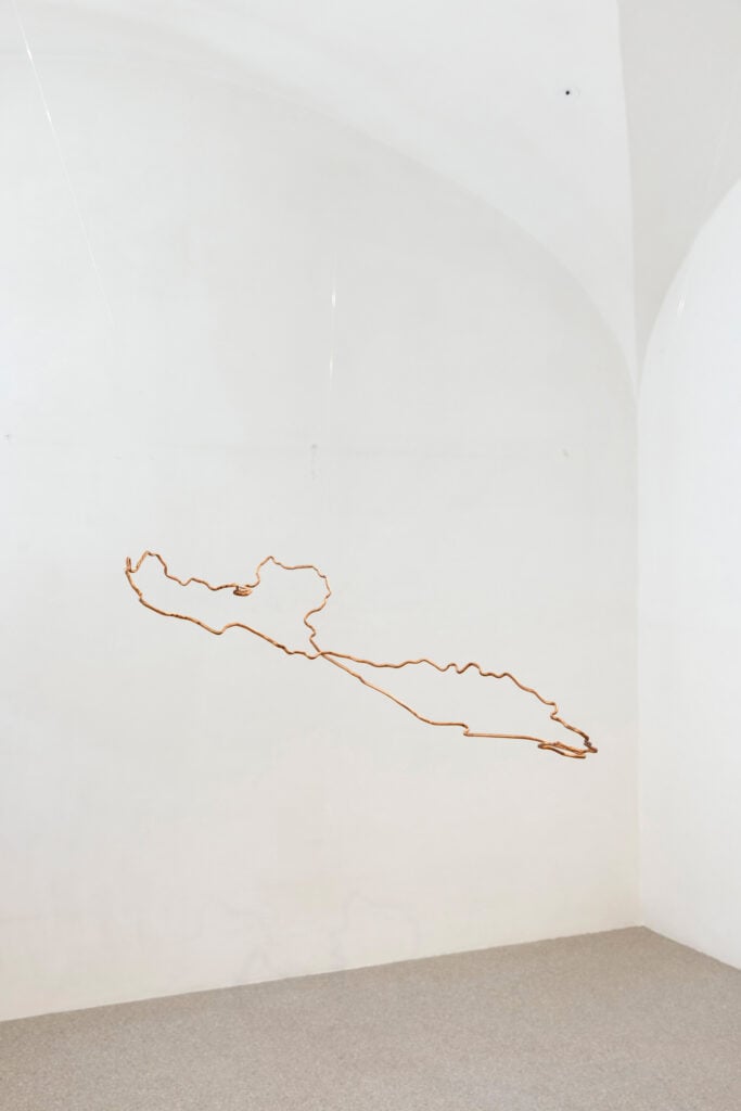 Shilpa Gupta, MapTracing #9 - IT, 2023. Installation view, Lines Loops, Leaks, Fondazione Imago Mundi, Treviso, 2026. Photo Marco Pavan