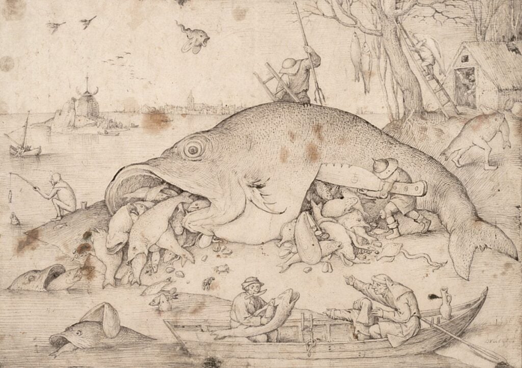 Pieter Bbruegel, Die grossen Fische fressen die Kleinen, 1556. Courtesy Albertina Wien