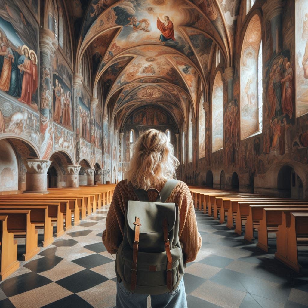 Una ragazza visita una chiesa. Immagine generata con AI