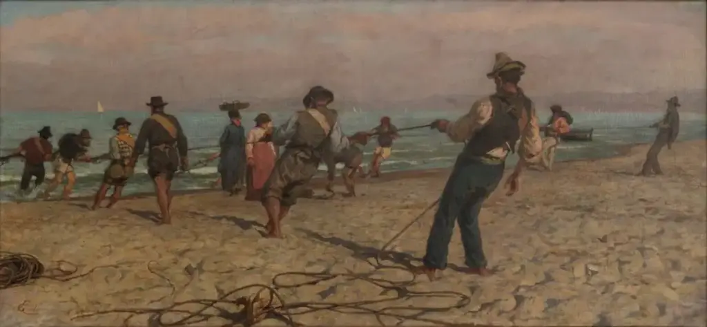 Francesco Gioli, Pesca a sciabica, 1887, olio su tela, collezione privata