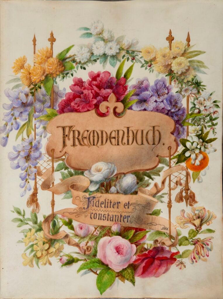 Frontespizio del Libro firme dei visitatori 1869-1875, decorato dalla principessa Leopoldina di Baden, 1869. Tremezzina, Villa Carlotta, Archivio Storico, Registri, Libri firme, LF 20. In mostra a Villa Carlotta
