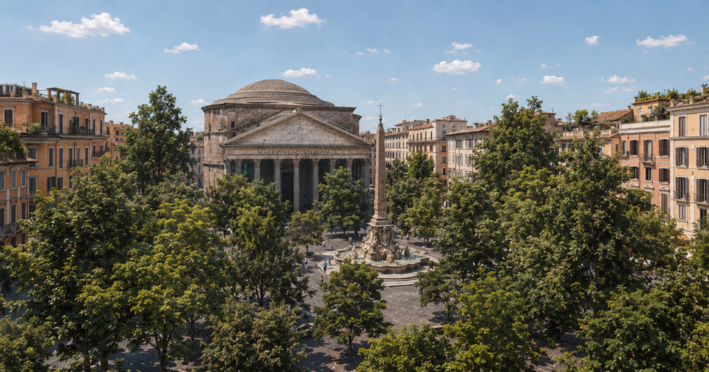 Piazza della Rotonda con il Pantheon verde a Roma