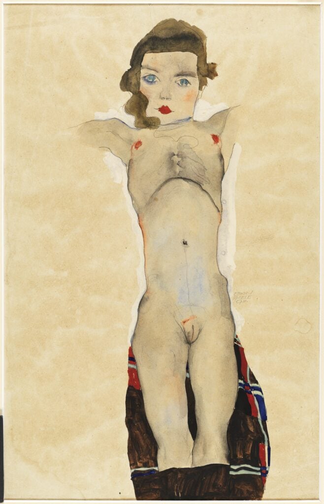 Egon Schiele Nudo disteso con le braccia dietro la schiena 1911 Acquerello, guazzo e matita su carta mm 480 x 315 Inv. 738 (1977.11) Madrid, Museo Nazionale Thyssen-Bornemisza &copy; Museo Nacional Thyssen-Bornemisza, Madrid