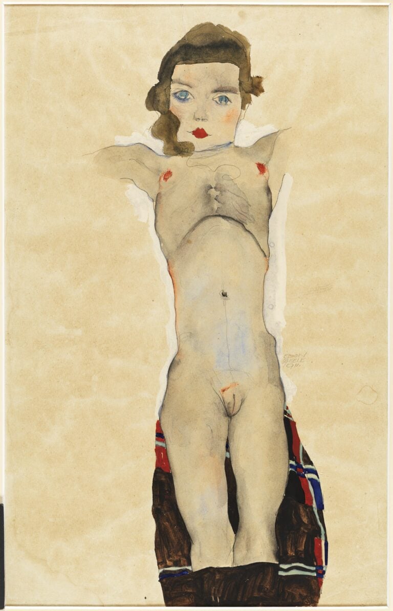 Egon Schiele Nudo disteso con le braccia dietro la schiena 1911 Acquerello, guazzo e matita su carta mm 480 x 315 Inv. 738 (1977.11) Madrid, Museo Nazionale Thyssen-Bornemisza &copy; Museo Nacional Thyssen-Bornemisza, Madrid