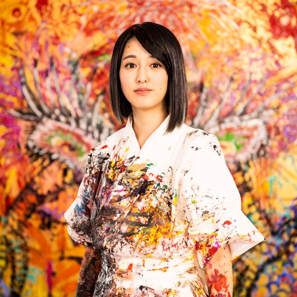 Ritratto di Miwa Komatsu al termine di una performance al Karuizawa New Art Museum. Ph: Tatsuya Azuma. Credits: Fudo Miwa Komatsu 2026