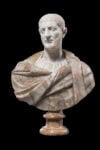 Testa ritratto virile su busto moderno, cd. Carino (Marmo greco nella testa e nella parte alta del collo; alabastro nel resto del collo e nella tunica; alabastro in varie porzioni (su base di peperino) nel mantello) &copy;Fondazione Torlonia. Photo Lorenzo De Masi