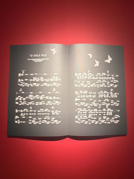 Emilio Isgrò, Canto Napoli, Installation view Museo Capodimonte, Napoli 2026, 'O sole mio (versione nera) 2025