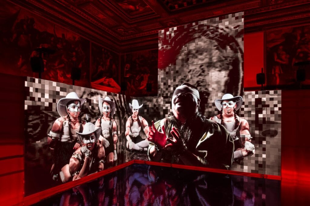 Natasha Tontey, The Phantom Combatants and the Metabolism of Disobedient Organs, 2026. Installation view at Ateneo Veneto, Venice, Italy. Commissioned by LAS Art Foundation and Amos Rex. &copy; 2026 Natasha Tontey. Photo Jacopo La Forgia