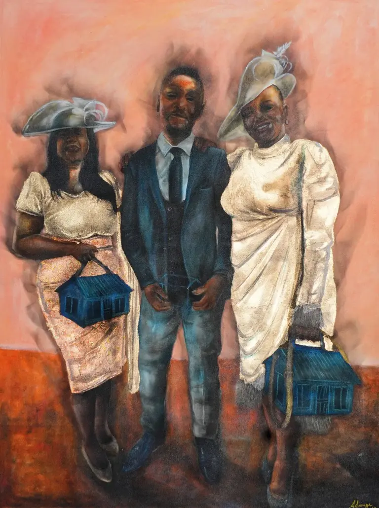 Famiglia, madri, padri, figli Azael Langa, Untitled, 2023 2024, fumo olio e fogli d&rsquo;oro su tela, 112,9x91,4cm