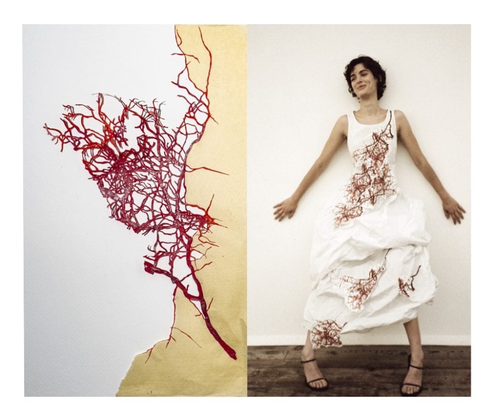 Elisabetta Di Maggio, Senza titolo 2010. Courtesy artist - Maria Calderara, White taffeta dress and skirt composition with raised branch appliqués #XILEMASS27