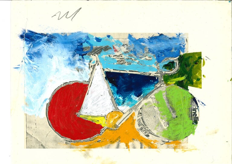 Mario Schifano, Composizione per edizione Granciclismo, 1988, tecnica mista su carta, 30x40 cm. Collezione di Antonio Colombo