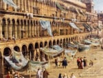 Melissa McGill, Waves in Piazza San Marco (after Canaletto), 2022, Titled, dated and signed (lower right): &lsquo;Waves in Piazza San Marco (after Canaletto), 2022 / Melissa McGill', White pen and organic indigo on inkjet print, 15 x 20 cm