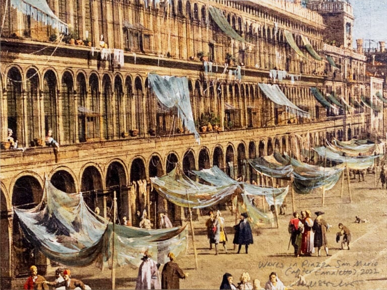 Melissa McGill, Waves in Piazza San Marco (after Canaletto), 2022, Titled, dated and signed (lower right): &lsquo;Waves in Piazza San Marco (after Canaletto), 2022 / Melissa McGill', White pen and organic indigo on inkjet print, 15 x 20 cm