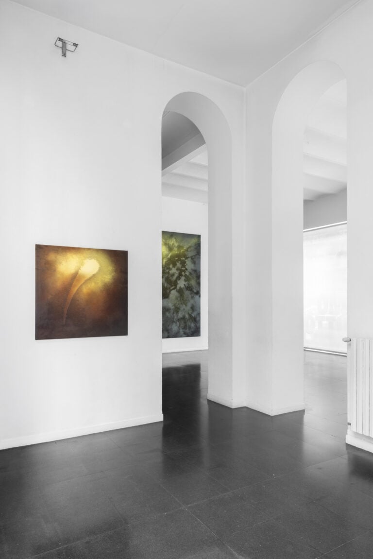 Veduta parziale della mostra di Helmut Schober, Foto &copy; Fabio Mantegna, courtesy Fondazione Mudima, Lumen 3, 2007, acrilico su tela, 97 x 97 cm