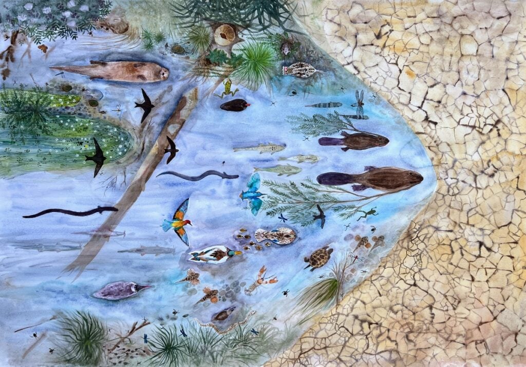 Suzanne Husky, L’effet castor, 2023, Acquerello su carta incollata su tela, 80 x 114 cm, Courtesy l'artista e Galerie Alain Gutharc, Parigi
